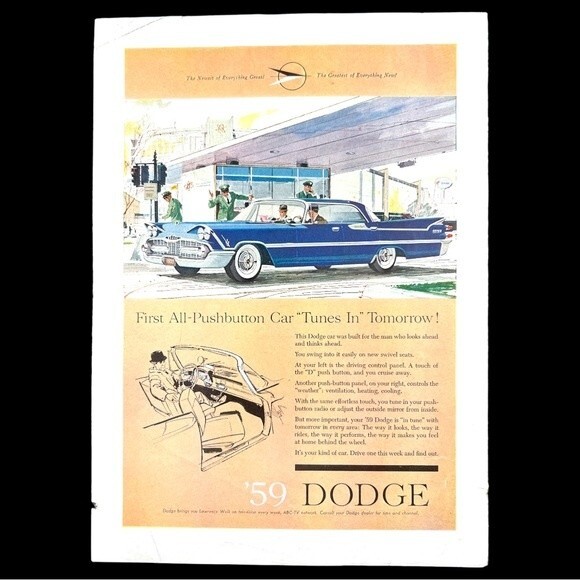 1950's Dodge Vintage Print Ad first all pushbutton car Tunes In Lawrence Welk - Picture 1 of 10